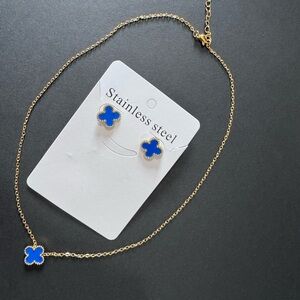 Blue and Gold Stainless Steel Necklace and Earring Set